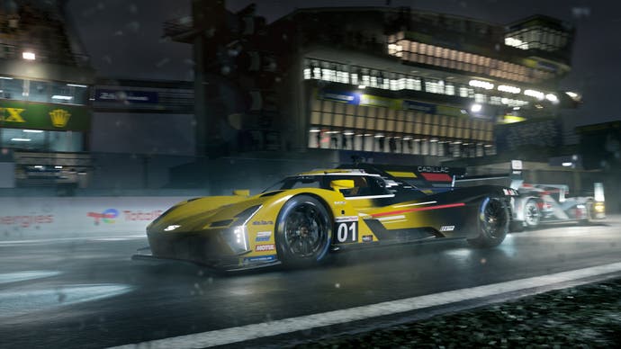 A Cadillac race car in a night race in Forza Motorsport