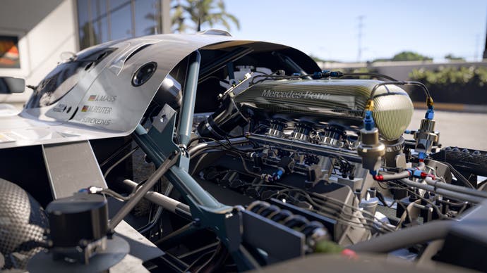 An exposed Mercedes V6 engine in Forza Motorsport