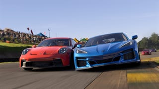 A Porsche and Corvette battling on a race track in Forza Motorsport