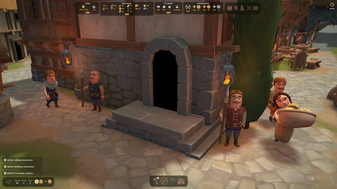 Some cute bobble-headed villagers wander around the streets of a medieval town in Foundation.