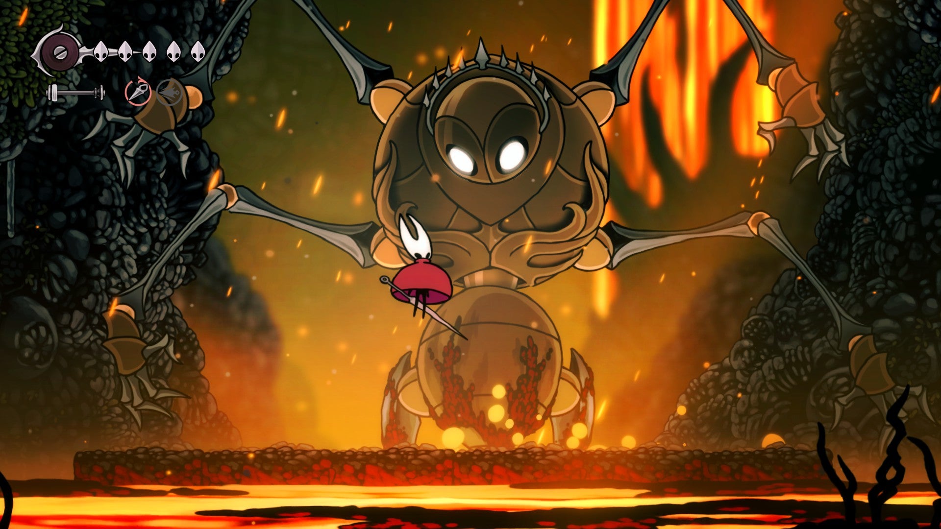 Hornet floats with the Drifter's Cloak in this fight against the Fourth Chorus in Hollow Knight: Silksong. - 10