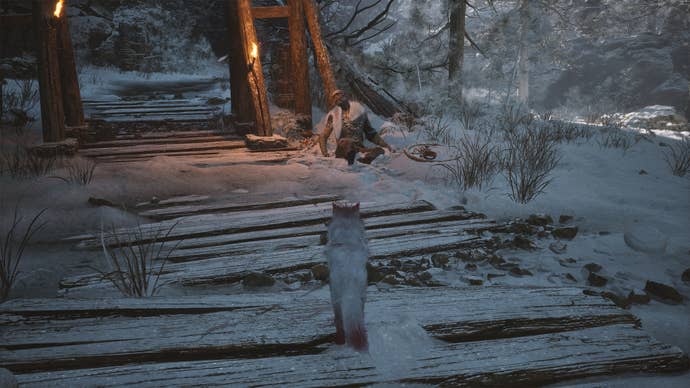 A fox spirit looking at a dead monk in Black Myth Wukong.