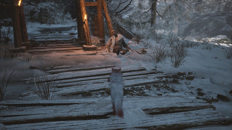 A fox spirit looking at a dead monk in Black Myth Wukong.