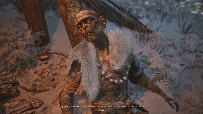 A dead monk wearing a snow fox pelt in Black Myth Wukong.