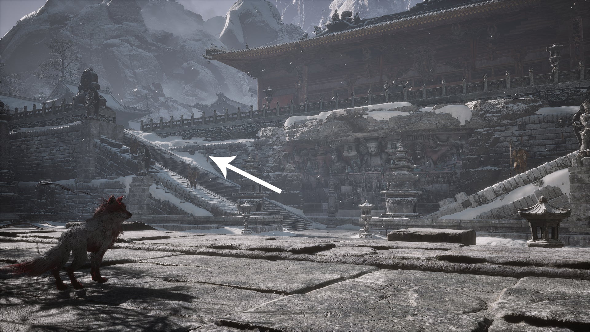 Snowy stairs inside a temple complex in Black Myth Wukong. - 7
