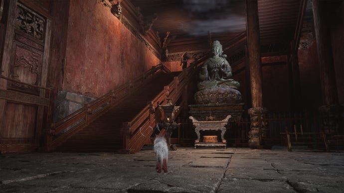 The interior of a wooden temple in Black Myth Wukong.