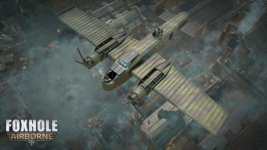 A bomber flies over land in Foxhole’s new Airborne update.