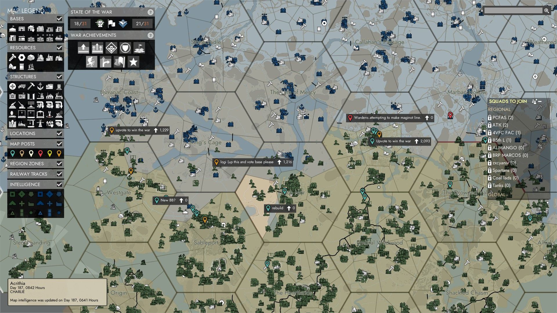 A map of the battlefield in Foxhole from medium distance, showing the demands of players for equipment like medicine and shirts. - 12