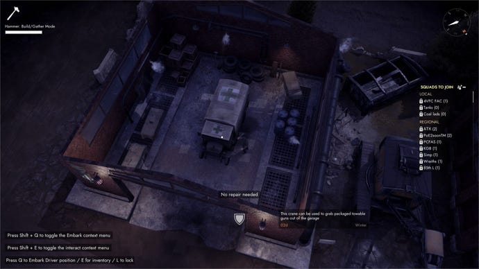 The player builds his ambulance in a vehicle construction bay during the night hours.