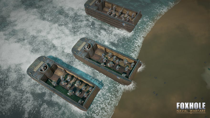 Some landing craft arrive on a beach in Foxhole: Naval Warfare.