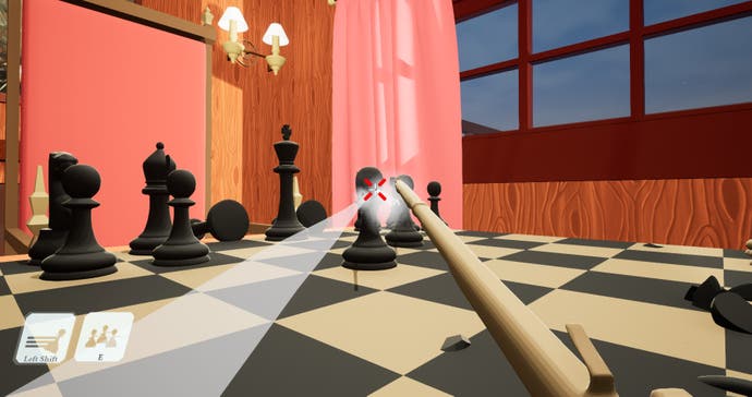 A chess board but viewed from the perspective of a piece on the board.
