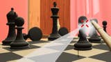 A screenshot from FPS chess. The viewer is on the chess board at eye level with the other pieces, and there's a red crosshair on the screen. Something is happening - some kind of attack on another piece - but it's not clear what's going on.