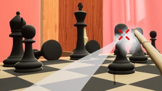 A screenshot from FPS chess. The viewer is on the chess board at eye level with the other pieces, and there's a red crosshair on the screen. Something is happening - some kind of attack on another piece - but it's not clear what's going on.