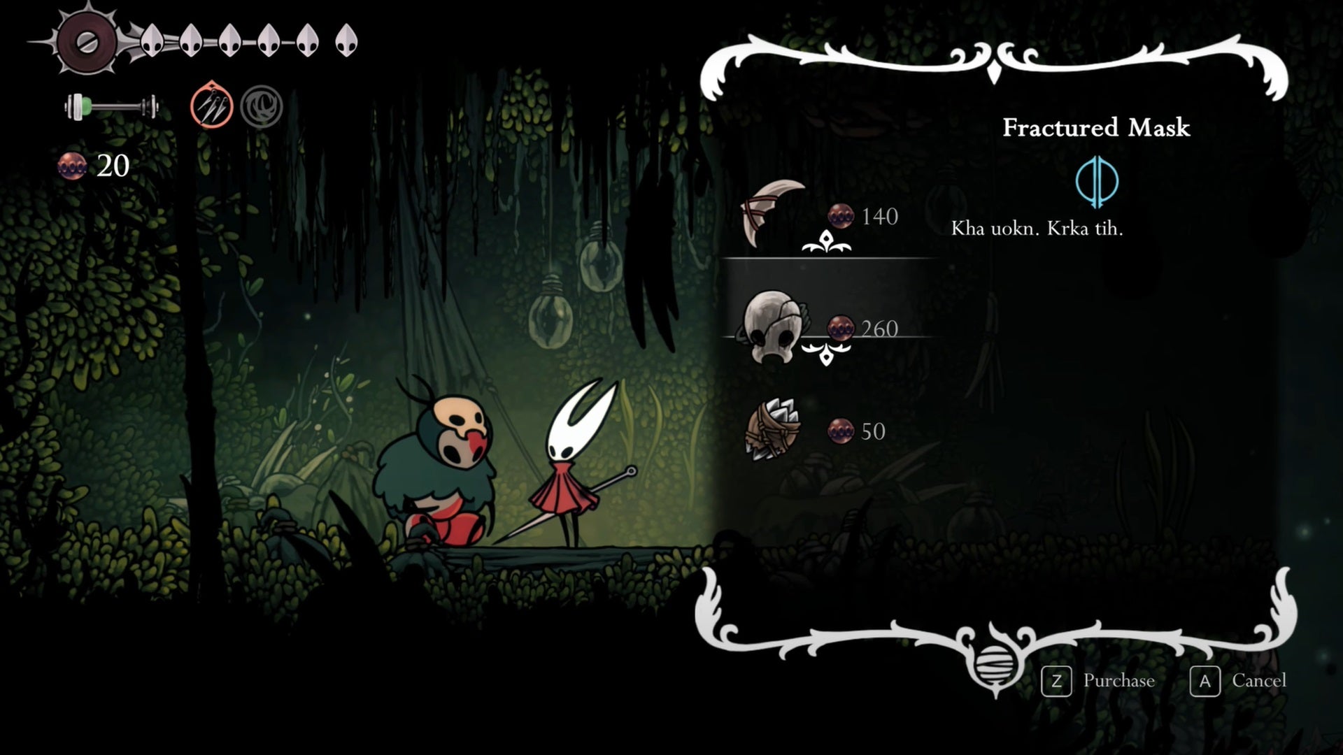 Hornet prepares to buy the Fractured Mask from the Mottled Skarr seller in Hollow Knight: Silksong. The description of the mask is in another language. - 1
