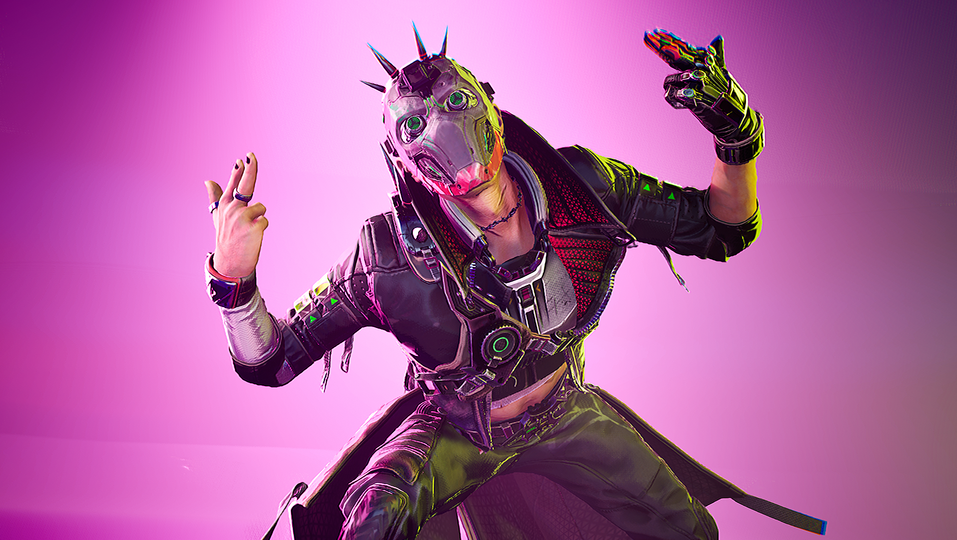 Axon, one of the main characters in Fragpunk, squatting in front of the camera and raising his arms.