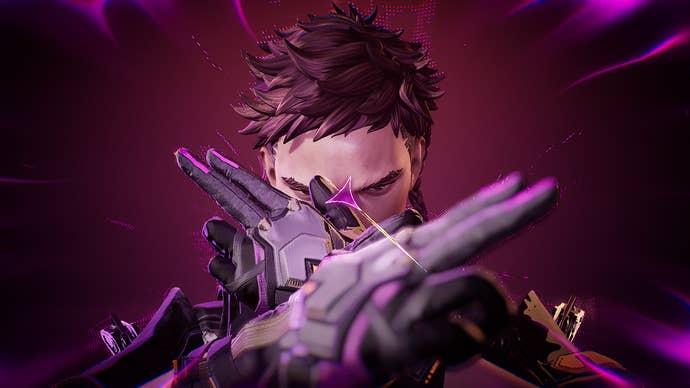 Spider, a character in Fragpunk, covering his face while raising hand signals to the camera.