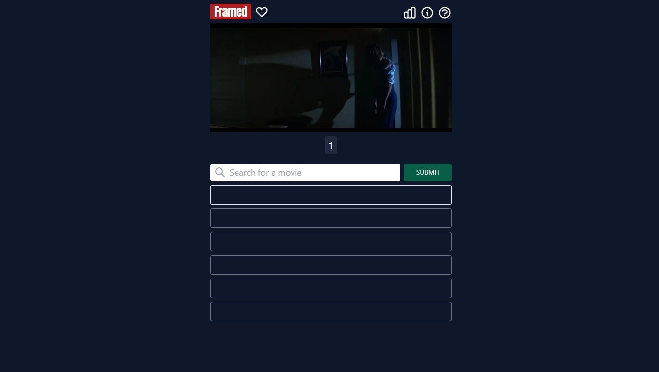 A screenshot of Framed, a browser game where you must guess the movie by looking at stills.