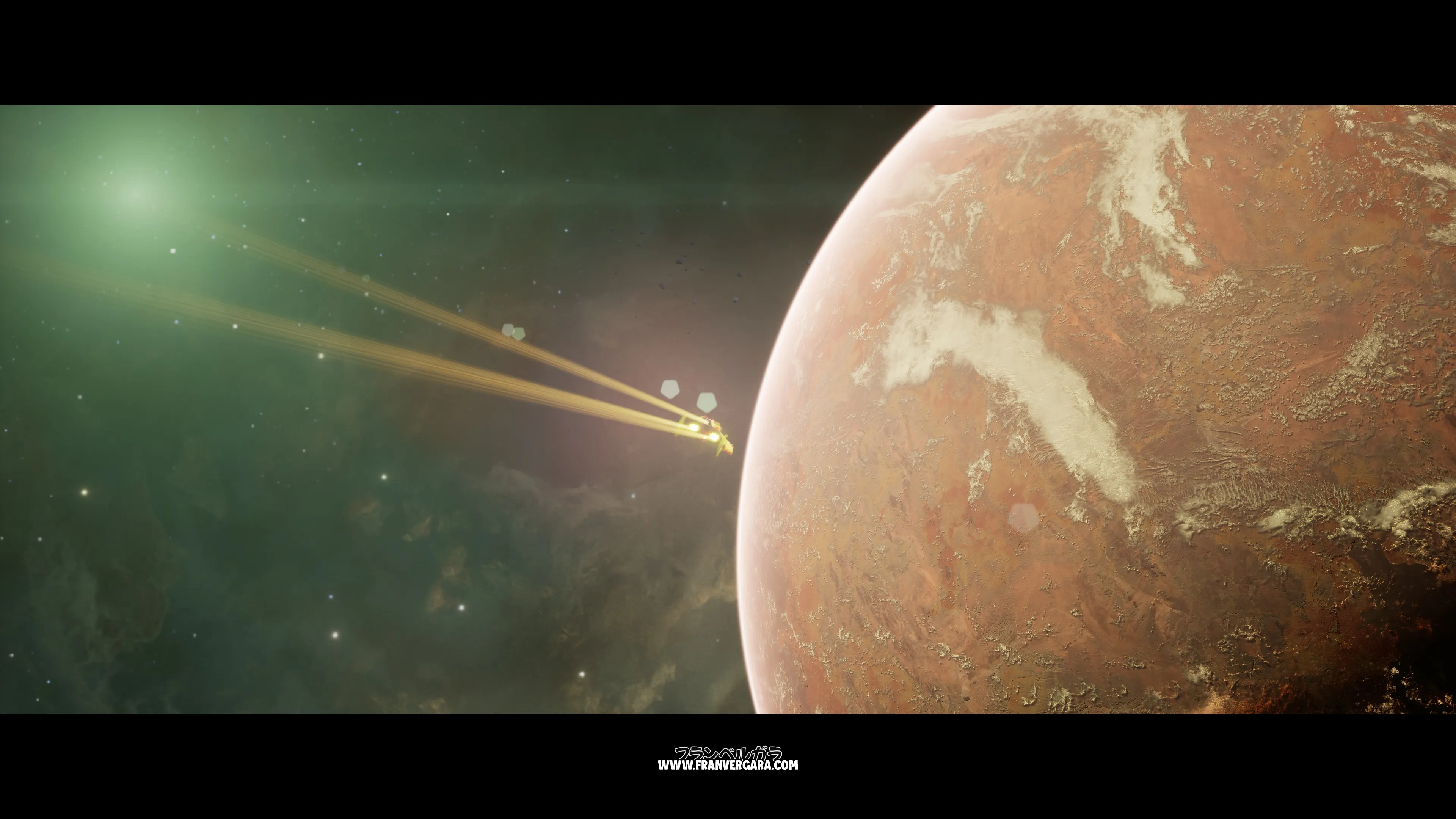 Image from a game cinematic showing a small starship shooting towards an orange planet in realistic outer space