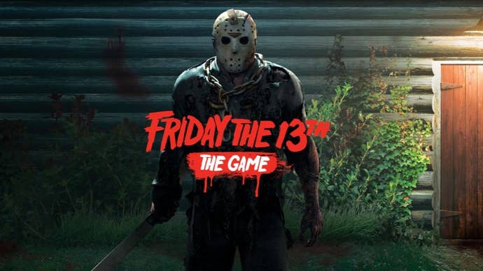 Jason Vorhees in hockey mask with text ‘Friday The 13th: The Game" overlaying in red