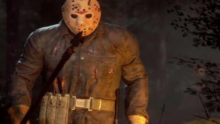 Jason is dressed in a bloodied hockey mask in this screen from Friday the 13th