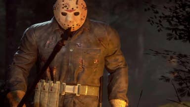Jason is dressed in a bloodied hockey mask in this screen from Friday the 13th