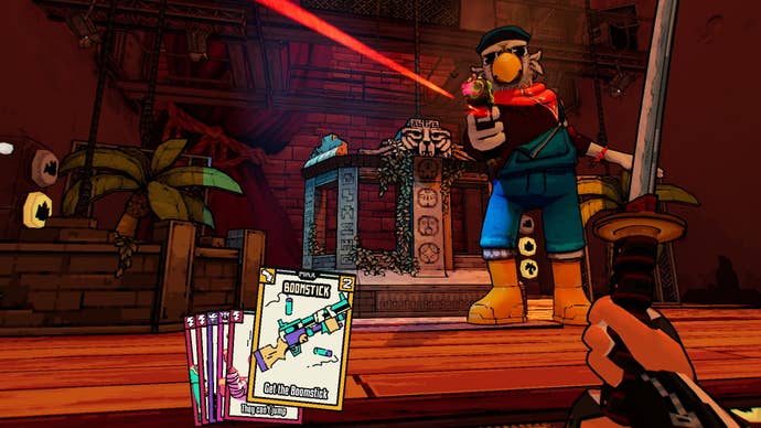 An eagle fires a gun at the player who’s holding another gun plus some cards in Friends vs Friends