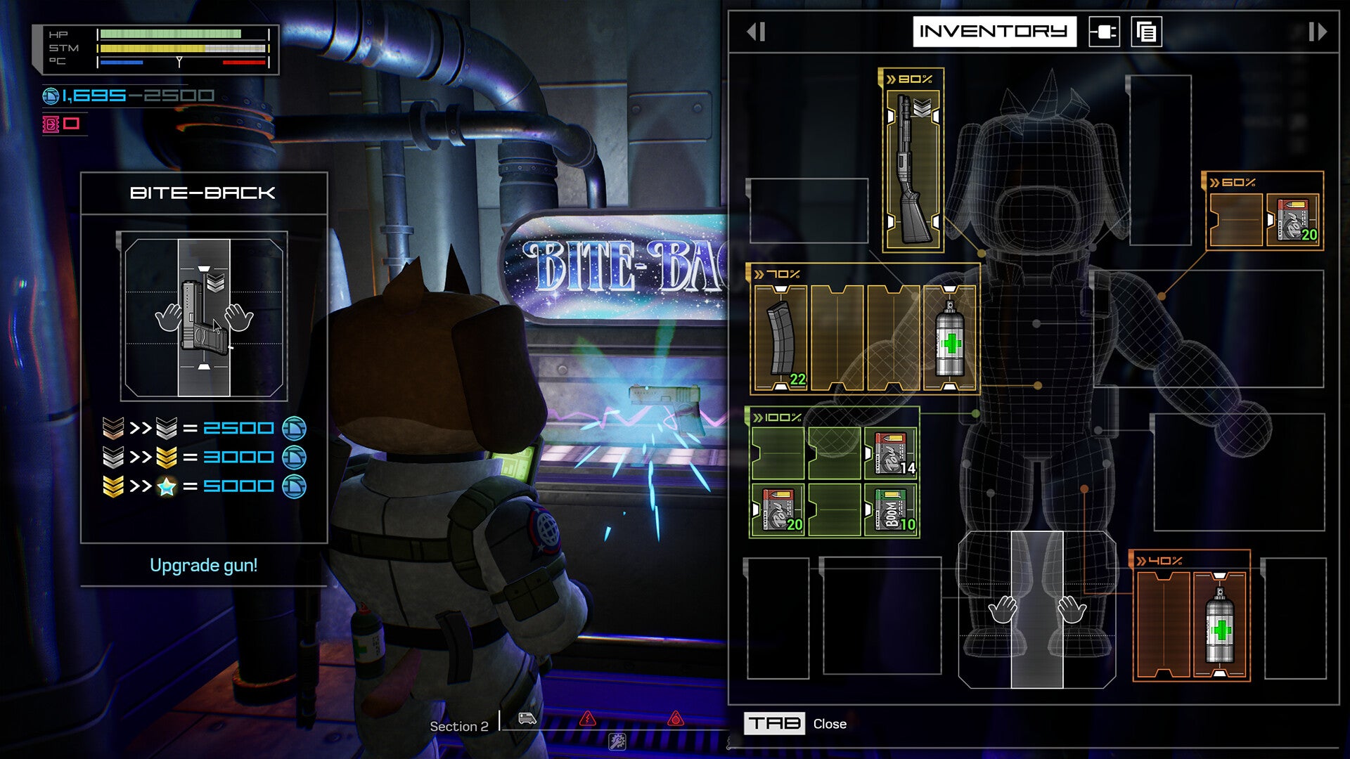 An equipment screen from Fight Train, showing objects arranged around the main character's torso, next to another menu for a train repair mechanism.