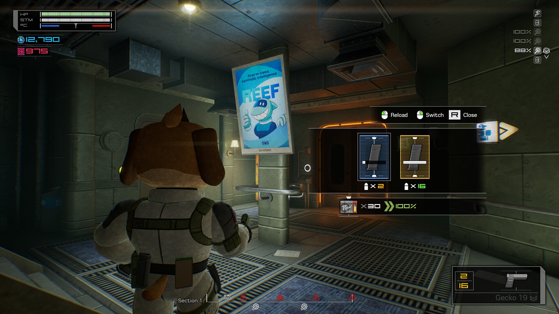 A train carriage interior in Fright Train with the player's reloading menu open.