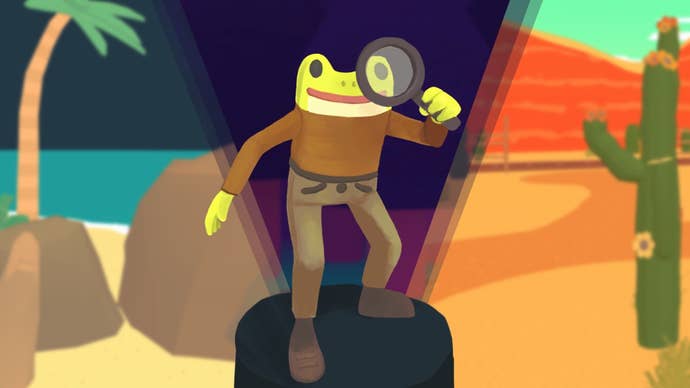 Artwork showing Frog Detective’s detective (a frog) stood atop a low plinth, a magnifying glass raised to one eye. Behind him, the scene is split in three: a night-time tropical island to the left, a dusty desert and cactus to the right, and a mysterious purple location directly behind him.