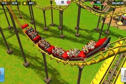 Rollercoaster Tycoon 3 screenshot showing a red rollercoaster.
