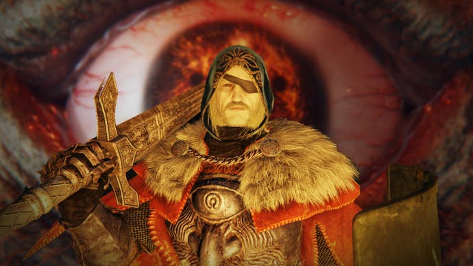 Timmy the Tarnished in Elden Ring in front of the Fire Giant’s weird chest eye.