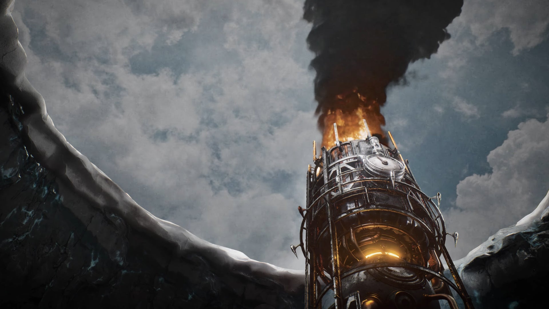 A chimney of some sort is alight, smoke flowing out of it, a cloudy sky about it in a trailer for Frostpunk 1886. - 1