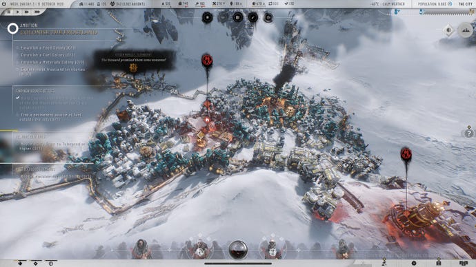 A zoomed out view of a growing city in Frostpunk 2