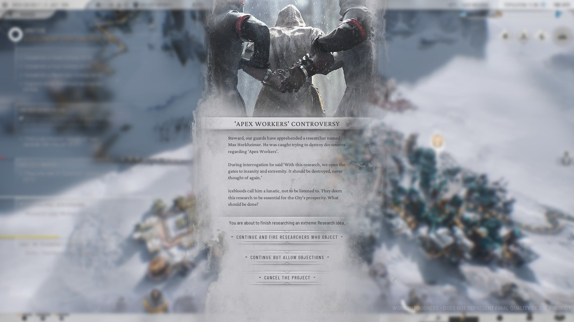 A screen on Frostpunk 2 describing controversy as a researcher tried to destroy documents about 'Apex Workers' - 3