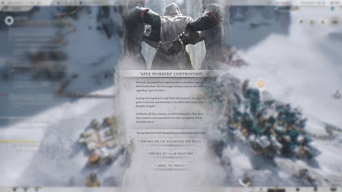 A screen on Frostpunk 2 describing controversy as a researcher tried to destroy documents about ‘Apex Workers’