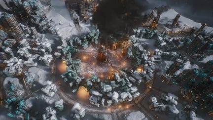 A generator billows black smoke into the sky in city-builder survival sequel Frostpunk 2
