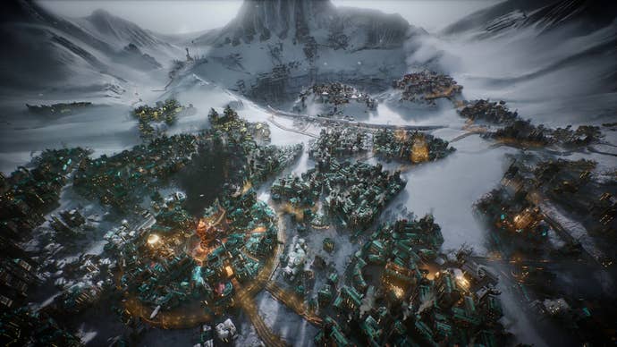 A city in a very snowy mountainous area in Frostpunk 2.