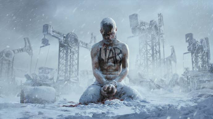 An image from Frostpunk 2’s announcement showing a man, on his knees in the snow, frozen to death with “LIAR” written on his bare chest.
