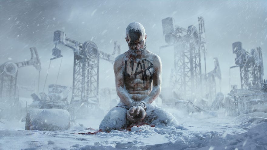 An image from Frostpunk 2’s announcement showing a man, on his knees in the snow, frozen to death with “LIAR” written on his bare chest.