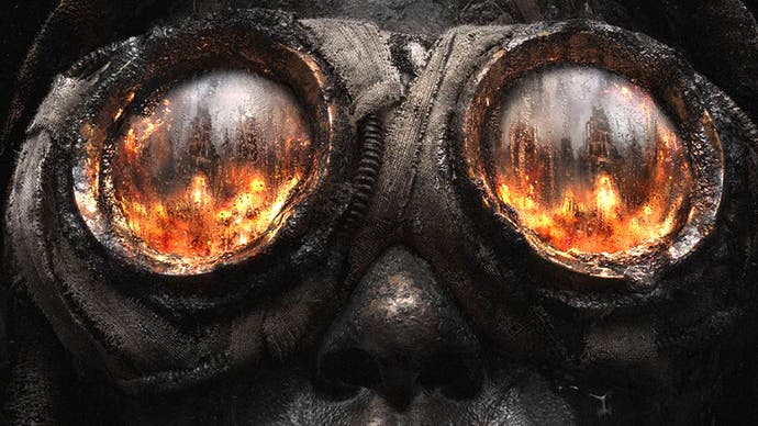 Key art from Frostpunk 2 showing a largely black scene and portrait of someone's face, but their goggles are reflecting a blazing fiery image, in which a city appears to be on fire. Oh no.
