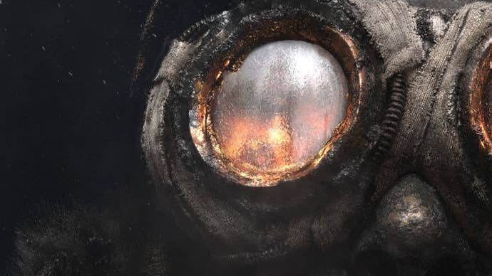 A close-up illustration of a person’s goggled face, reflecting the glow of a fiery furnace.