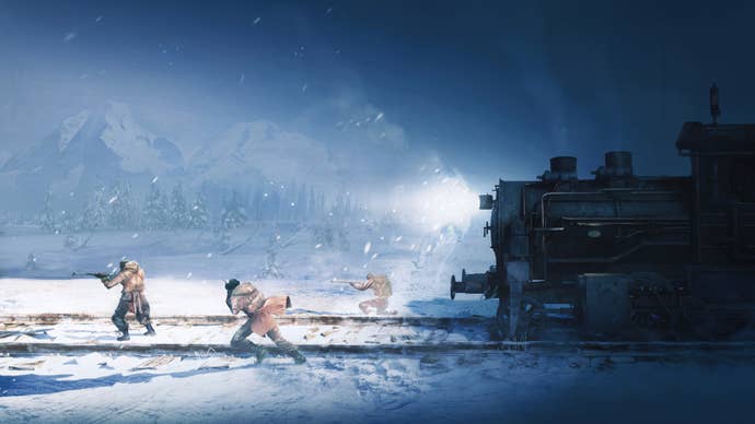 Three people all with guns walk ahead of a train in a blizzard in key art for Frostrail.