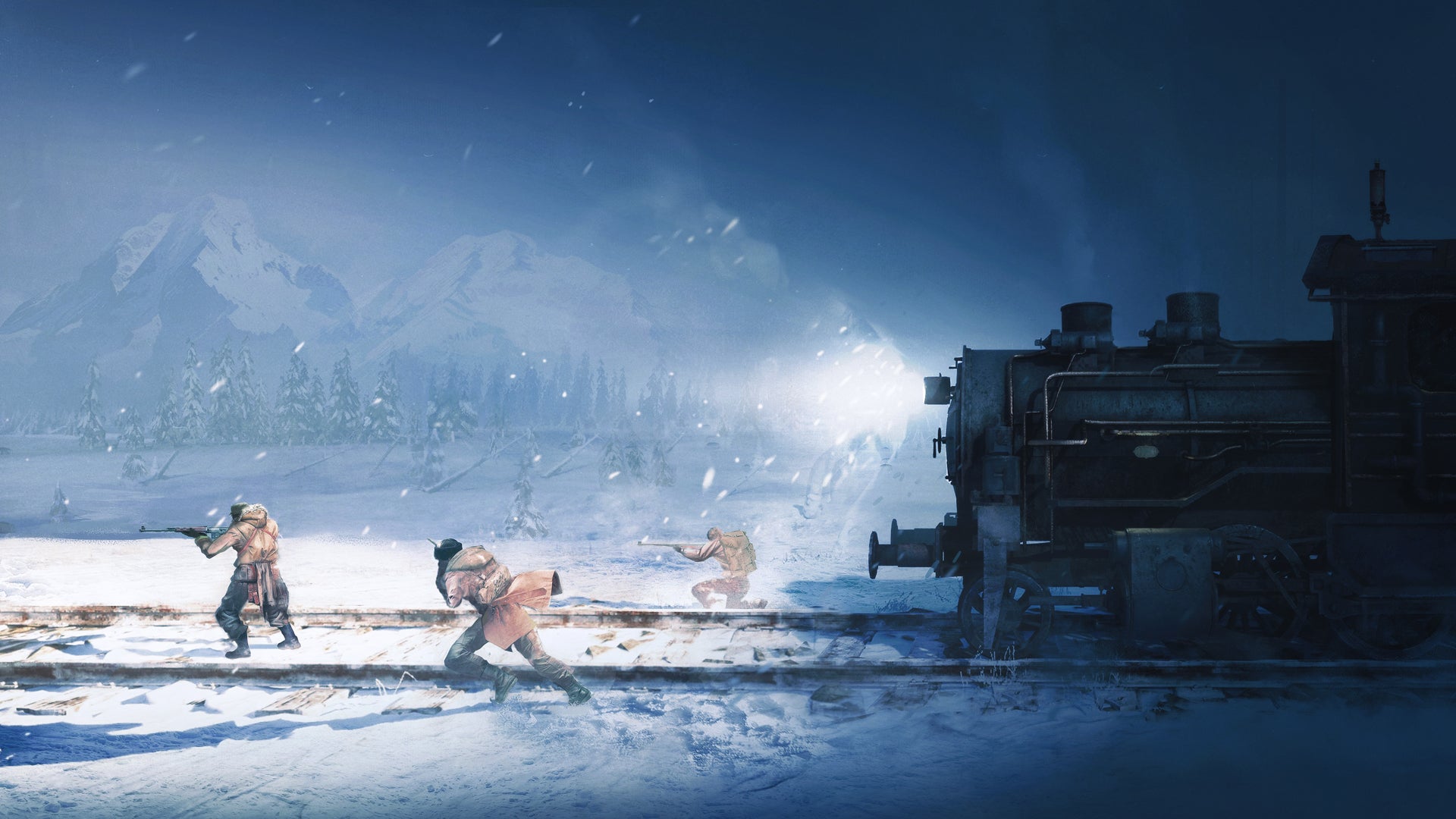 Three people all with guns walk ahead of a train in a blizzard in key art for Frostrail. - 1