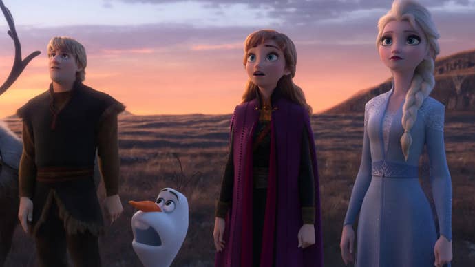 Kristoff, Olaf, Anna, and Else all looking at something in amazement in Frozen 2.