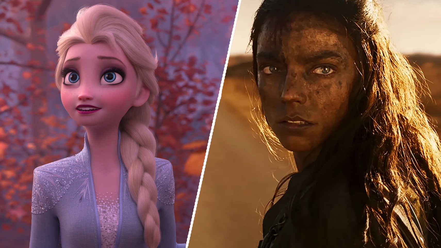 On the left, Elsa in Frozen 2 in the woods, all the leaves brown and orange. On the right, Anya Taylor-Joy, face covered in filth, in Furiosa. - 1