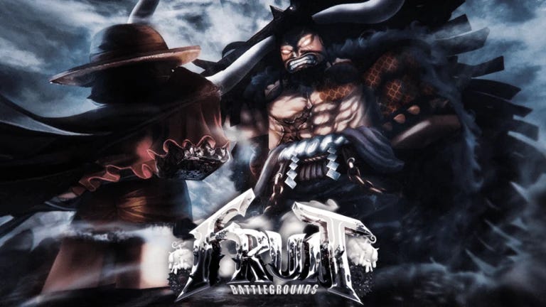 Artwork for the Roblox game Fruit Battlegrounds, showing a powerful looking anime-inspired enemy.
