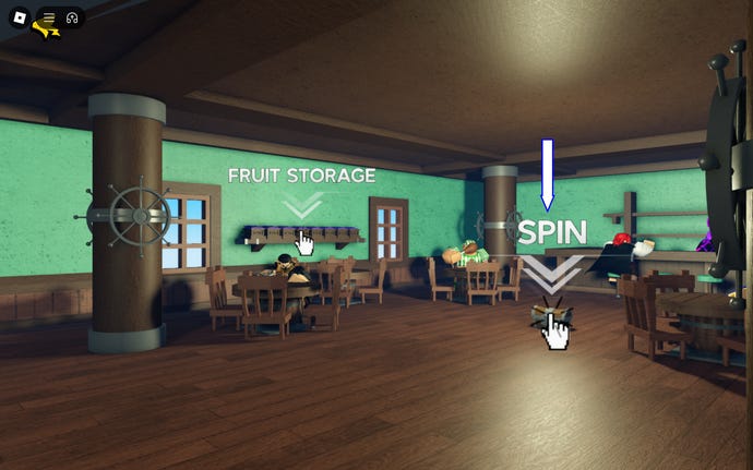 Arrow pointing at the Spin fruit button in the Roblox game Fruit Battlegrounds.