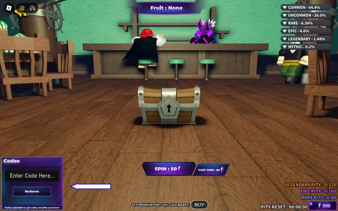 Arrow pointing at the menu used to redeem codes in the Roblox game Fruit Battlegrounds.