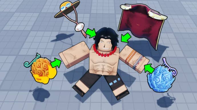 Artwork for the Roblox game Fruit Reborn showing an anime-inspired character surrounded by items they can equip.