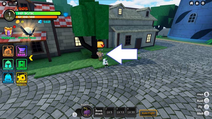 A screenshot of Fruit Reborn in Roblox showing the game’s codes NPC.